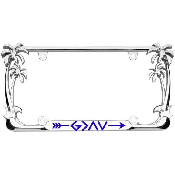 God is Greater Design Palm Tree Heavy Duty Metal License Plate Frame Auto License Plate Frame/Car Accessories (Chrome/line Blue)