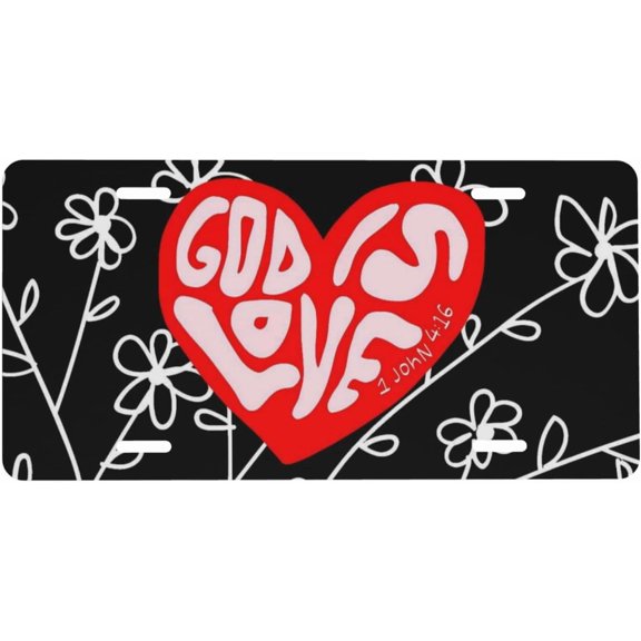 God is Love 1 John 4 16 Heart Floral Christian Faith Decorative Front License Plate, Novelty Vanity Tag, Aluminum, 4-Hole, 6 x 12 Inch