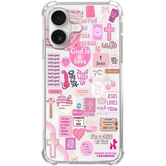 God is Love Case for iPhone 17, Pink Christian Sticker Collage Jesus Cross Clear Protective, Trendy Cool Soft TPU Bumper Case for iPhone 17