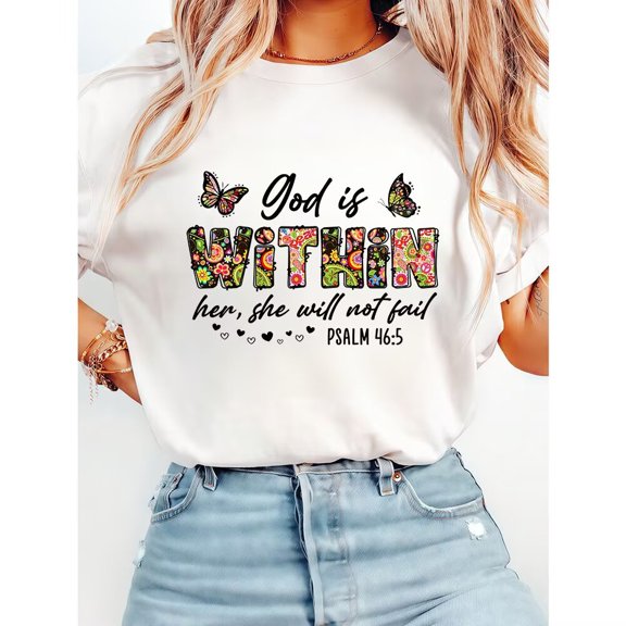 God is Within Her, She Will Not Fail Graphic Tees - Inspirational Christian Women's T-Shirts White,4XL