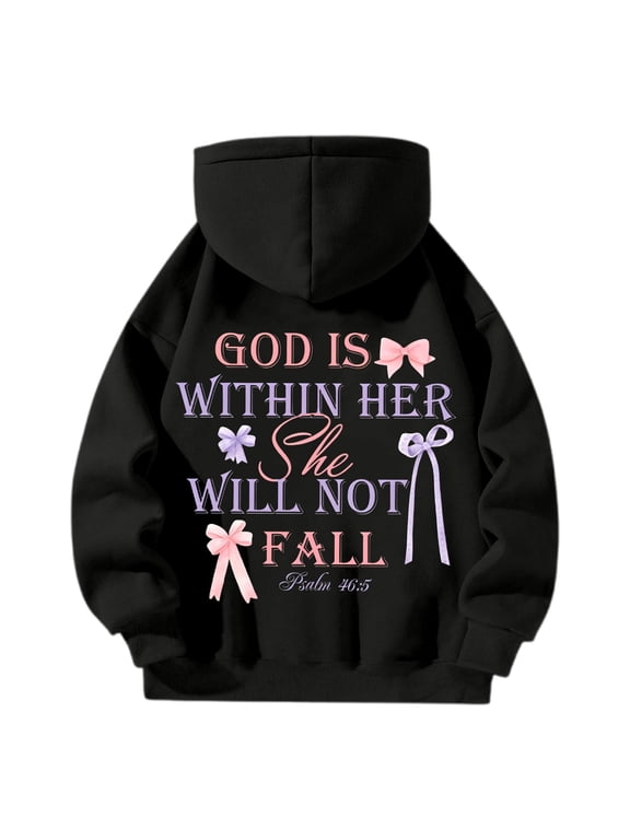 God is Within Her She Will Not Fall Christian Hoodie Women Half Zip Bible Verse Sweatshirt Teens Preppy Tops 2025 Black M