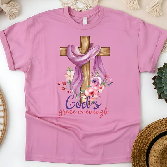 God’s Grace Is Enough T-Shirt, Christian Cross and Floral Faith Tee, Azalea, Size 3XL