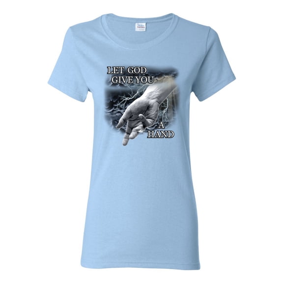 God's Lending Hand | Womens Inspirational/Christian Graphic T-Shirt, Light Blue, Large