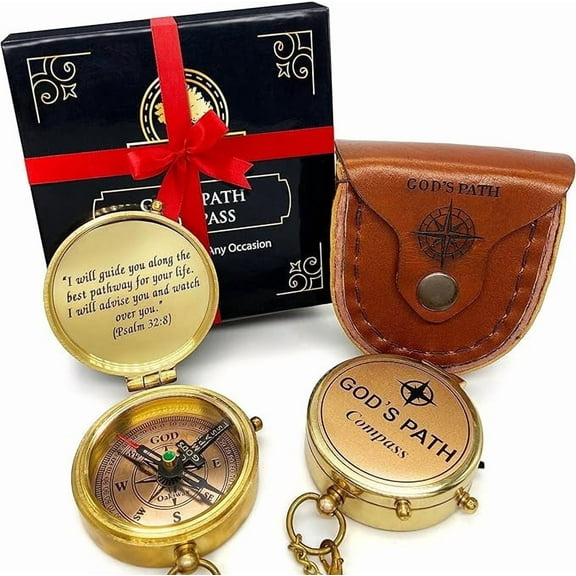 OakiWay God's Path Compass (Psalm 32:8) - Religious Gifts for Men, Baptism Gifts for Teenage Boys - Comes in Leather Case - Sentimental & Inspirational Present - Greeting Card Included
