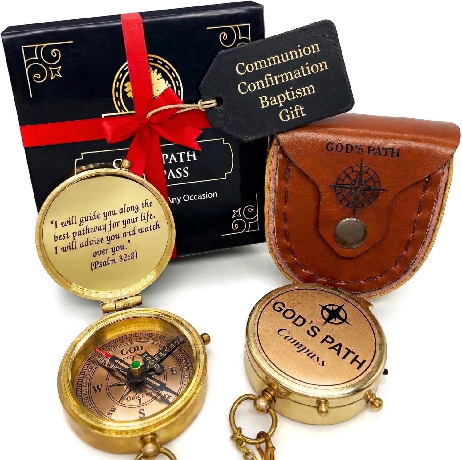 OakiWay God's Path Compass (Psalm 32:8) - Religious Gifts for Men, Baptism Gifts for Teenage Boys - Comes in Leather Case - Sentimental & Inspirational Present - Greeting Card Included