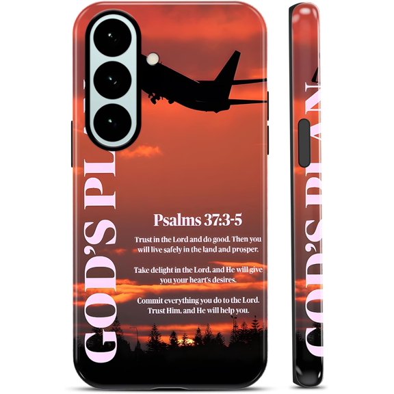 God's Plan Psalms 37:3-5 Bible Verse Airplane Sunset Pattern Phone Case for Samsung Galaxy S26 6, 3", Aesthetic Jesus Quotes Design Shockproof Slim TPU and Hard PC Protective Cover for Women Men