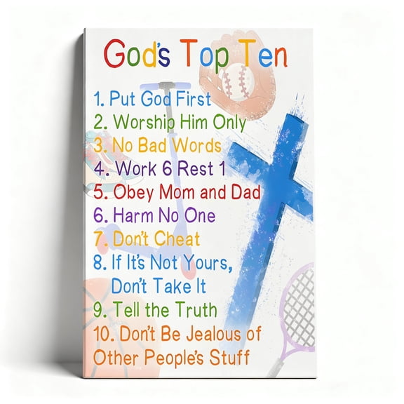 God's Top Ten Canvas Wall Art, Kid-Friendly Ten Commandments Decor, Sports Theme Christian Artwork For Sunday School, Kids Bedroom, Church, Ready To Hang 8*12inch(20*30cm)