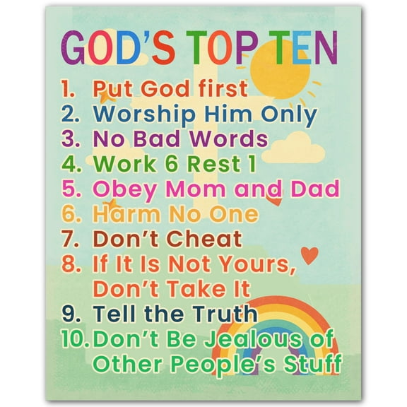 God's Top Ten for Kids Christian Wall Art Poster - Ten Commandments for Children - Bible Verse Decor for Sunday School Bedroom Playroom Classroom - Faith Gift for Kids and Teens