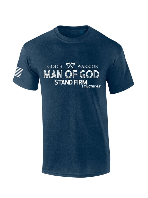 God's Warrior Man of God Stand Firm Bible Scripture Mens Christian Tshirt Jesus Cross Short Sleeve T-shirt Graphic Tee-Heather Navy-small