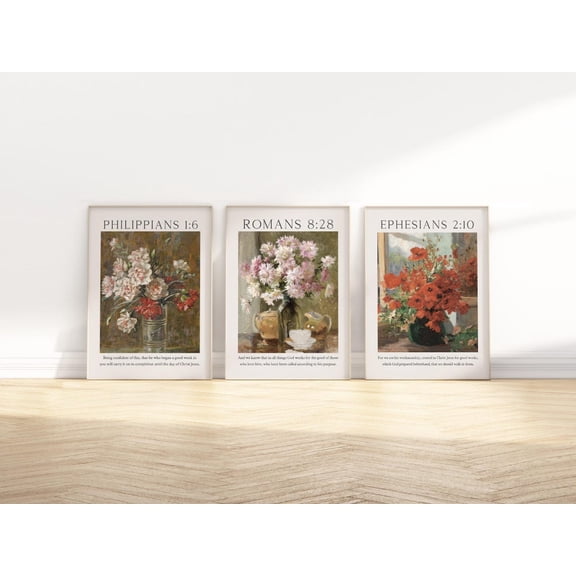 God's work and His Plan Bible Verse Wall Art Christian Scripture Vintage Still Life Set 3 Stretched Canvas 8x12