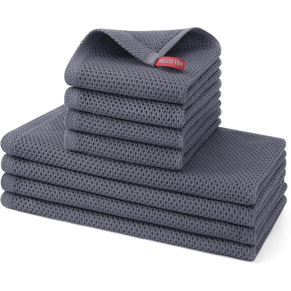 Godance 8 Pack 100% Cotton Waffle Weave Kitchen Dish Towels, 13 x 28 Inch and 12 X 12 Inch Kitchen Towels and Dishcloths Set, Ultra Soft Absorbent Quick Drying Dish Cloths for Washing Dishes, Grey
