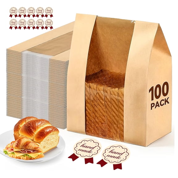 Godance 100PCS Bread Bags for Homemade Bread - 14 x 8 Inch Bread Paper Bags with Window, Large Bakery Bags for Sourdough, Cookies, Pastries - Tin Tie Tab Lock (Includes 100 Pcs Label Seal Stickers)