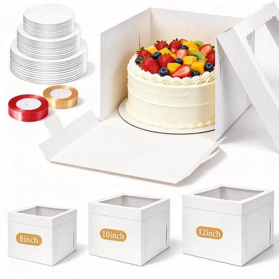Godance 12 Pack 8/10/12 Inch Cake Boxes with Cake Boards & Clear Window, White Square Bakery Gift Boxes | Premium Cardboard Cake Containers for Birthday, Wedding & Party Dessert, White
