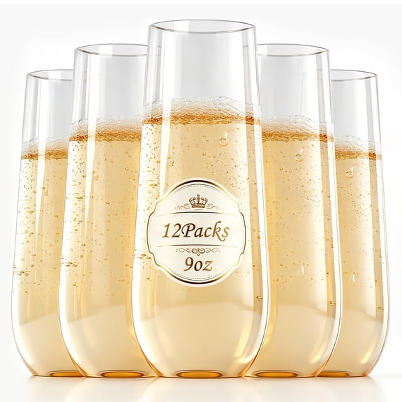 Godance 12 Pack Stemless Plastic Champagne Flutes, 9 oz Disposable Clear Toasting Glasses, Shatterproof Reusable Mimosa Glasses for Party, Wedding, Birthday, BPA Free
