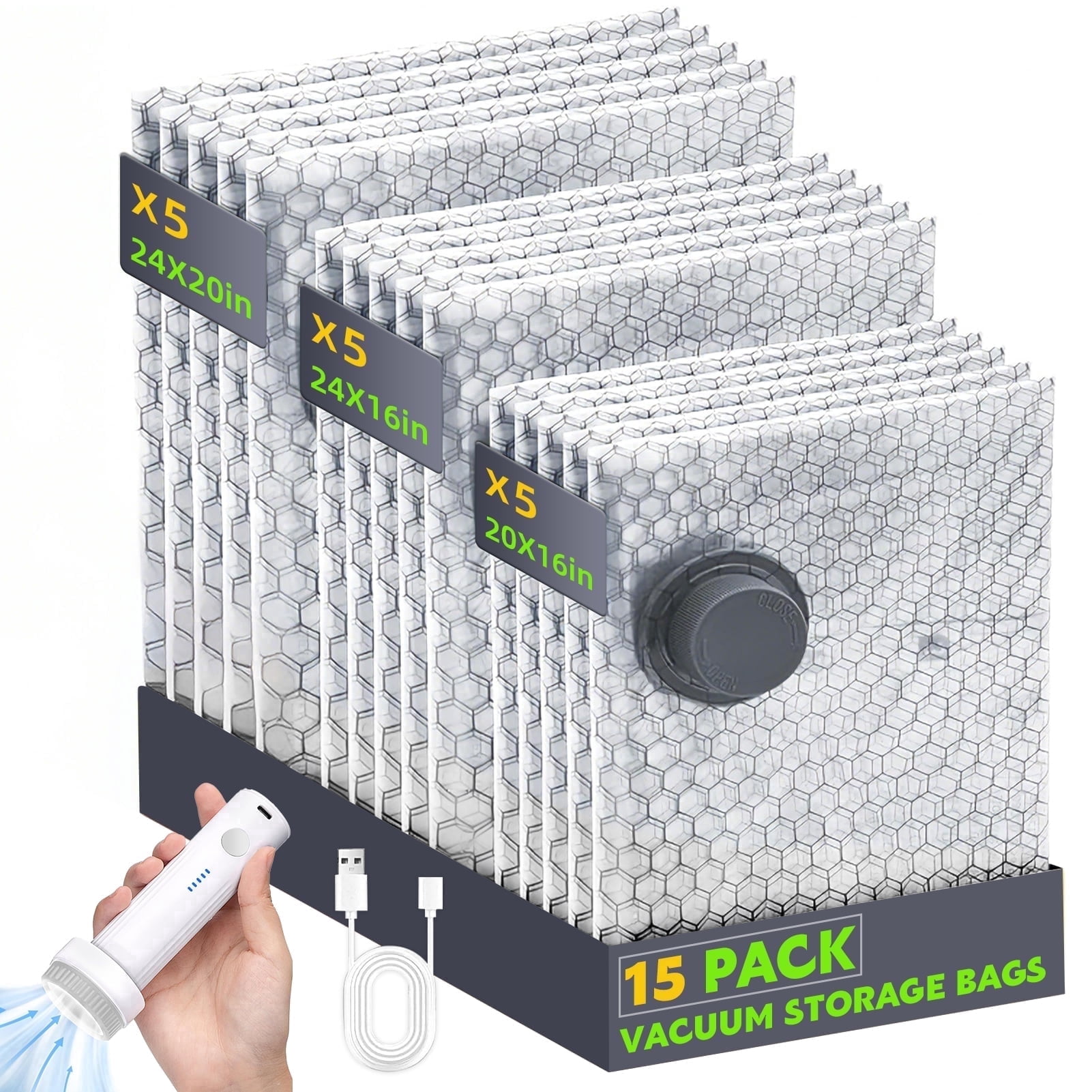 Godance 15 Pack Travel Vacuum Storage Bags with Rechargeable Air Pump, Carry-on Size Compression Packing Bags to Maximize Space & Travel Storage, Space Saver for Clothes, Bedding and Pillows