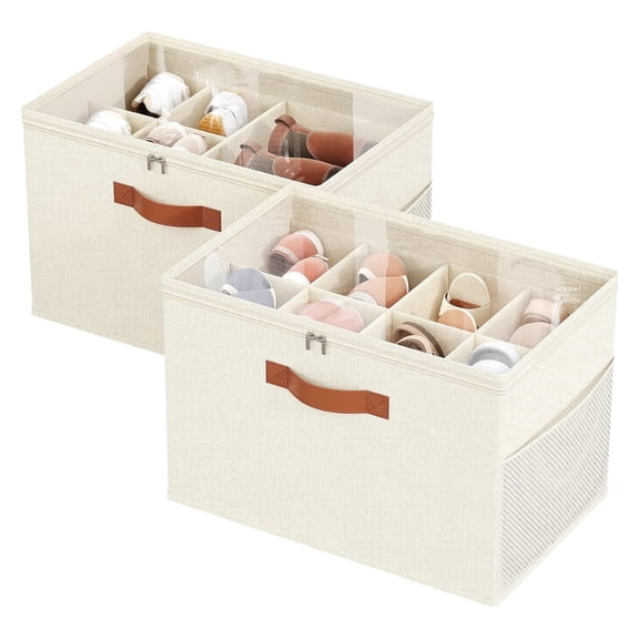 Godance 2-Pack Shoe Organizer for Closet, Foldable Shoe Storage Organizer Box Bin with Adjustable Dividers & Clear Cover, Space Saving Shoe Storage Box for Sneakers Sandals Boots, Fit 16 Pairs, Beige