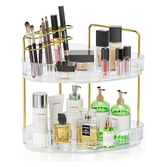 Godance 2-Tier Corner Bathroom Counter Organizer, Makeup Cosmetic Storage with Top Toothbrush Holders, Acrylic Vanity Shelf, Skin Care Organizer Perfume Tray for Countertop Bathroom, Dresser (Clear)