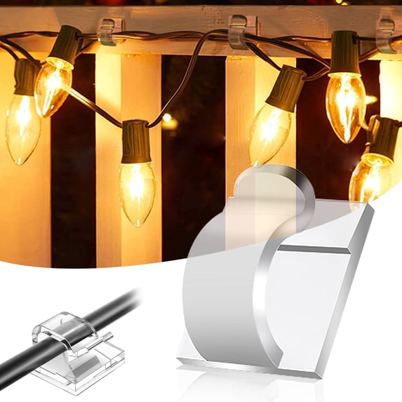 Godance 200 Pcs Hooks for Outdoor String Lights Clips, Square Clear Large Heavy Duty Light Hook Waterproof Adhesive Strips, Outside Hanging Rope Light Cable Cord Holders Organizer