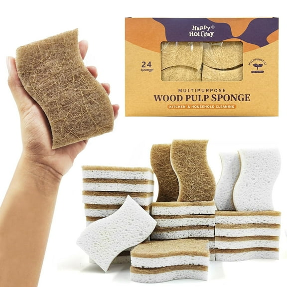 Godance 24 Pack Natural Kitchen Sponge - Biodegradable Compostable Cellulose and Coconut Scrubber Sponge, Eco-Friendly Dish Sponge for Kitchen, Household Cleaning Sponge for Dishes (Brown-White)