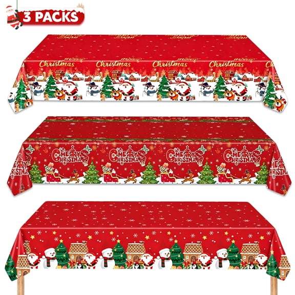 Godance 3 Pack Christmas Tablecloths - 54" x 108" Red Disposable Plastic Table Cloths, Rectangle Table Cover with Xmas Tree Snowman Reindeer Santa Pattern for Christmas Holiday Party Decorations