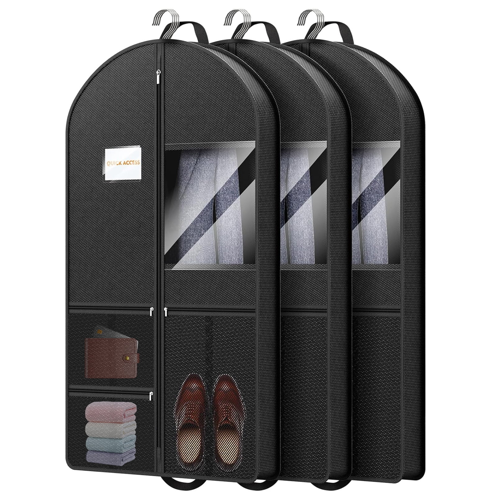 Godance 3 Pcs 43" Garment Bags  for Travel, 3" Gusseted Foldable Garment Bags for Hanging Clothes, Heavy Duty Dress Suit Bag with 3 Pockets, Waterproof Garment Bags for Suits, Coats, Jacket, Shirt