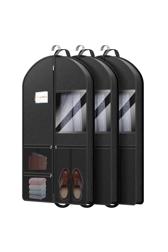 3 Pcs 43" Garment Bags  for Travel, 3" Gusseted Foldable Garment Bags for Hanging Clothes, Heavy Duty Dress Suit Bag with 3 Pockets, Waterproof Garment Bags for Suits, Coats, Jacket, Shirt