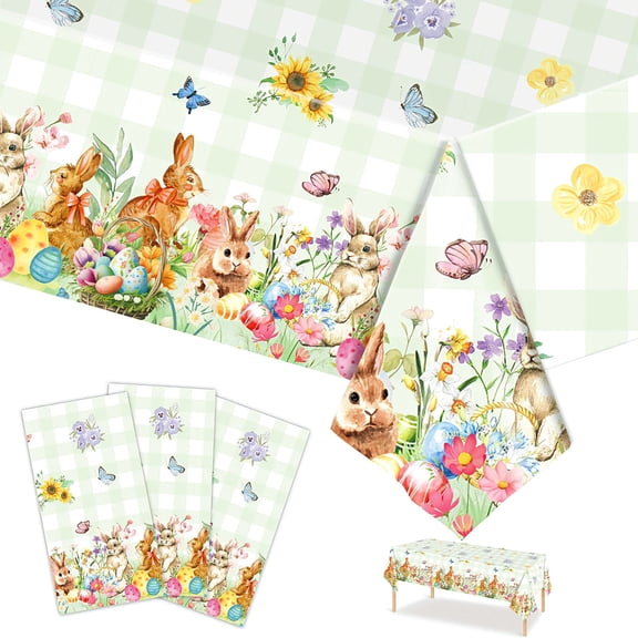 Godance 3 Pack Easter Bunny Tablecloth - 108 x 54 Inch Easter Plastic Buffalo Plaid Tablecloth, Spring Flower Cute Rabbit Colorful Eggs Rectangle Table Cover for Table Decorations Party Decor Favors