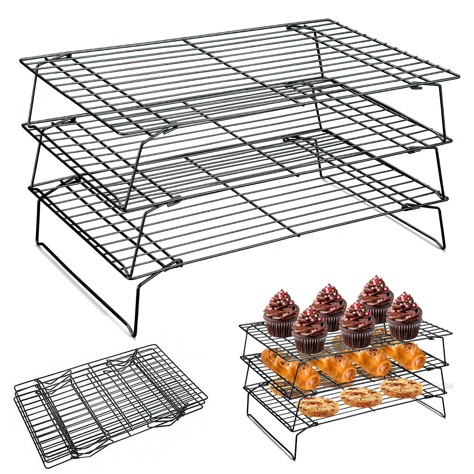 Godance 3-Tier Cooling Rack for Cooking and Baking - 10 * 16 Inch Stackable Wire Cooling Rack with Legs, Heavy Duty Stainless Steel Cooling Racks for Cooking, Baking - Oven & Dishwasher Safe - Black - Walmart.com