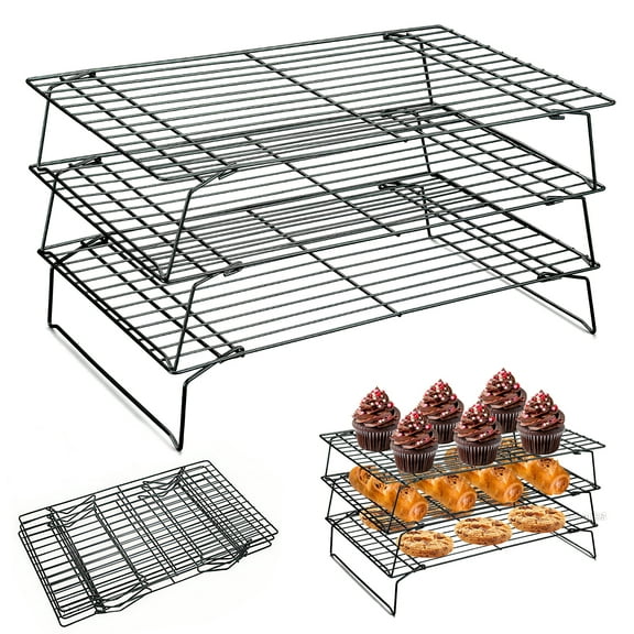 Godance 3-Tier Cooling Rack for Cooking and Baking - 10 * 16 Inch Stackable Wire Cooling Rack with Legs, Heavy Duty Stainless Steel Cooling Racks for Cooking, Baking - Oven & Dishwasher Safe - Black