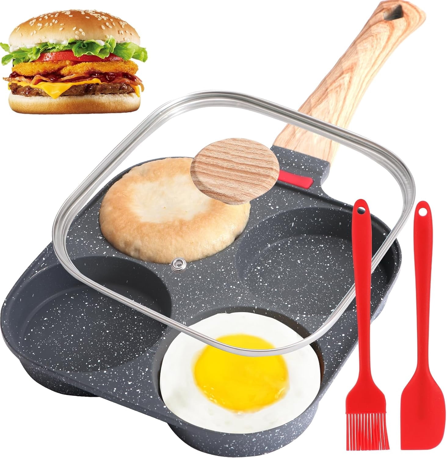 Godance 4-Cup Egg Pan Nonstick, 7.49" Frying Pan with Lid, Healthy Maifanite Stone Pan for Breakfast, Pancake, Hamburger, Burger, Sandwiches, Suitable for Gas Stove & Induction Cookware