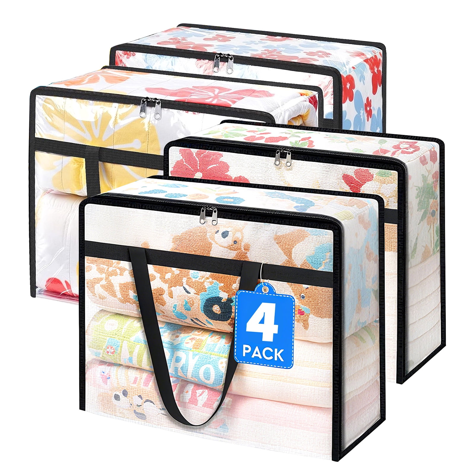 Godance 4 Pack Clear Clothes Storage Bags, 60L Plastic Blanket Storage Bags, Vinyl Foldable Moving Bags with Zipper, Closet Organizers and Storage Containers for Bedding, Comforters, Clothing, Toys
