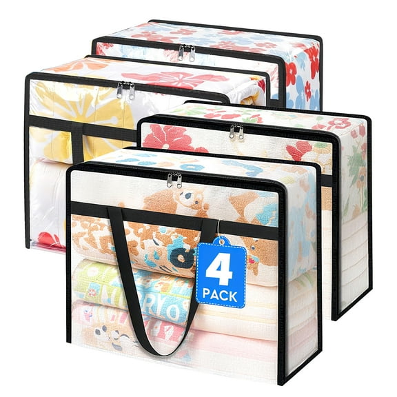 Godance 4 Pack Clear Clothes Storage Bags, 60L Plastic Blanket Storage Bags, Vinyl Foldable Moving Bags with Zipper, Closet Organizers and Storage Containers for Bedding, Comforters, Clothing, Toys