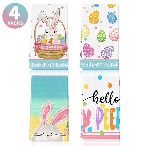 Godance Easter Kitchen Towels Set of 4 - 16 x 24 Inch Absorbent Cotton Dish Towels with Cute Rabbit & Easter Egg Design, Quick Drying Tea Towels for Kitchen, Spring Holiday Decor, Housewarming Gifts