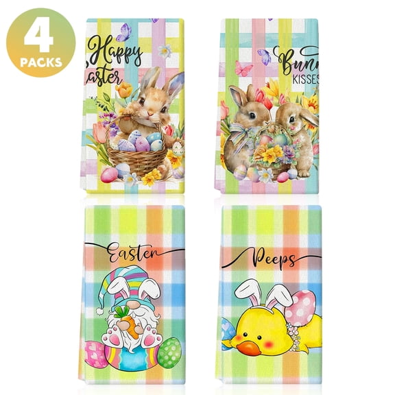 Godance Easter Kitchen Towels Set of 4 - Cute Rabbit & Easter Egg Pattern Dish Towels, Soft Absorbent Cotton Hand Drying Tea Towel for Spring Kitchen Decor, Holiday Party Supplies, 16 x 24 Inch