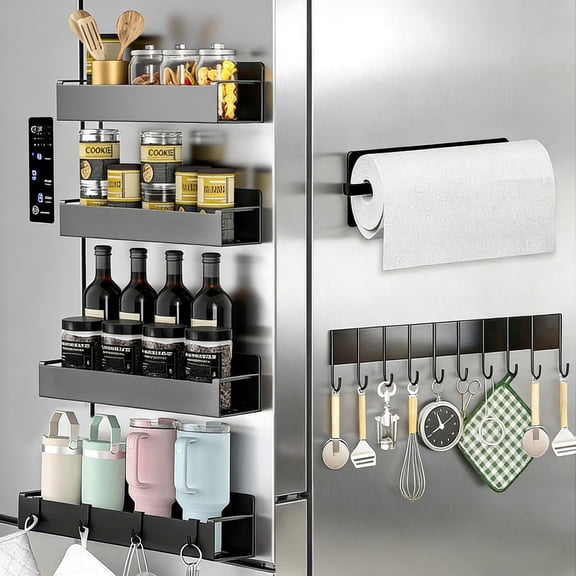 Godance 4 Pack Magnetic Spice Rack for Refrigerator, Include Paper Towel Holder and Hooks, Multifunctional Magnetic Fridge Shelf Storage for Refrigerator Spice Rack & Washing Machine (Black)