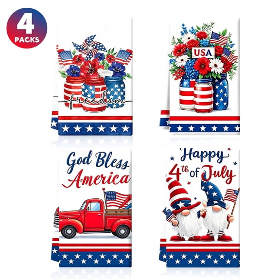 Godance 4 Pcs 4th of July Patriotic Kitchen Towel - 16" x 24" American Flag Stars Kitchen Dish Towels - Red White Blue Absorbent Hand Towel for Independence Day, Memorial Day, 250th Anniversary