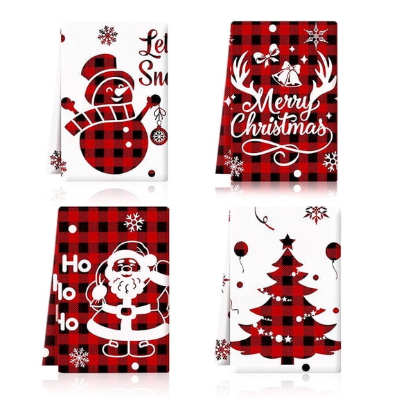 Godance 4 Pcs Christmas Kitchen Towels, Red Black Buffalo Plaid Tea Dishtowels Absorbent Winter Gnome Truck Snowman Bathroom Hand Towels for Xmas Kitchen Bathroom Farmhouse Housewarming Gift