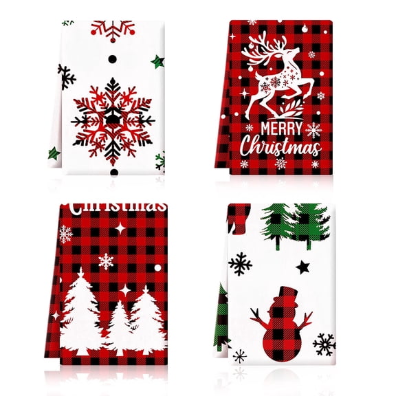 Godance 4 Pcs Christmas Kitchen Towels, Red Black Buffalo Plaid Tea Dishtowels Absorbent Winter Gnome Truck Snowman Bathroom Hand Towels for Xmas Kitchen Bathroom Farmhouse Housewarming Gift
