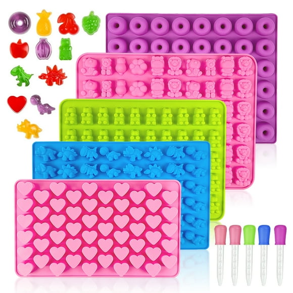 Godance 5 Pcs Gummy Bear Candy Molds Silicone - Silicone Gummy Molds with 5 Droppers - Food-Grade Non-Stick Candy Molds Large Fruit Snacks Molds BPA Free with 5 Droppers & 1 Cleaning Brush, Set of 5