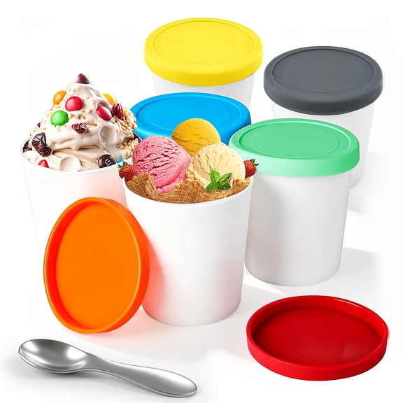 Godance 6 Pack Ice Cream Containers for Homemade, 1 Quart Freezer Storage Tubs with Silicone Lids & Spoon - Reusable PP Plastic Leak-Free Ice Cream Tubs for Sorbet, Gelato - Freezer Safe, Easy Scoop