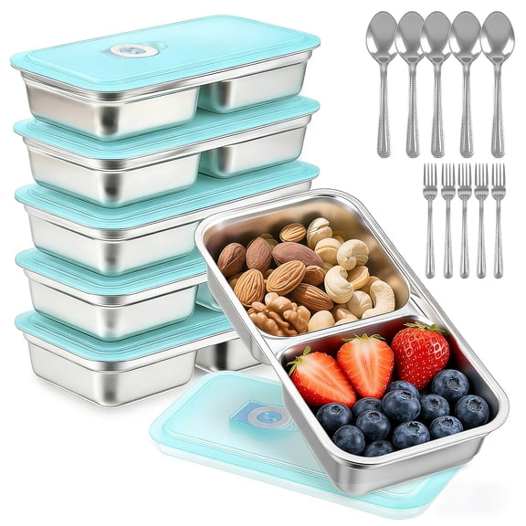 Godance 5 Pack Stainless Steel Snack Containers, 30 Oz 2 Compartment Grab and Go Containers with Leakproof Lids and Spoons, Reusable Food Bento Box for Lunch, Office, Travel, Picnic, Dishwasher Safe