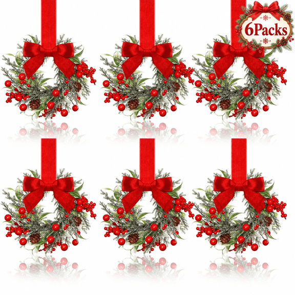 Godance 6 Pcs 6" Christmas Mini Cabinet Wreaths for Kitchen with Ribbon | Artificial Berries Snowy Pine Garland Small Christmas Wreath with Red Ribbon Bows for Window Door Xmas Party Decorations