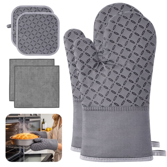 Godance 6 Pcs Oven Mitts and Pot Holders Set, Kitchen Oven Glove High Heat Resistant 500 Degree Extra Long Oven Mitts and Potholder with Non-Slip Silicone Surface for Home Essentials, Grey