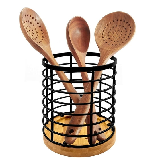 Godance Large Round Utensil Holder for Kitchen Counter - 5.2" x 5.2" x 6" Black Wire with Wooden Base Countertop Utensil Holder, Matte Black Cooking Utensil Holder Utensil Organizer (Metal+Bamboo)