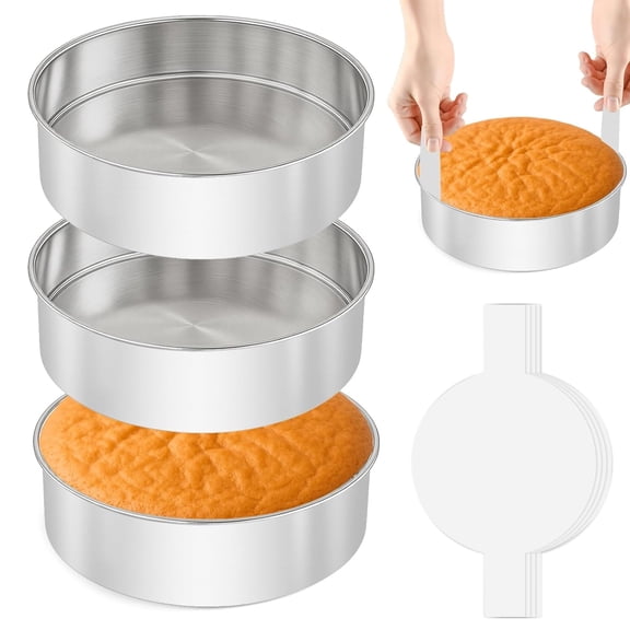 Godance 8 Inch Cake Pan - 3PCS Stainless Steel Round Layer Cake Baking Pans with 100 PCS Parchment Paper, Round Bakeware for Party Birthday Wedding, Mirror Finish & Dishwasher Safe (Silver)