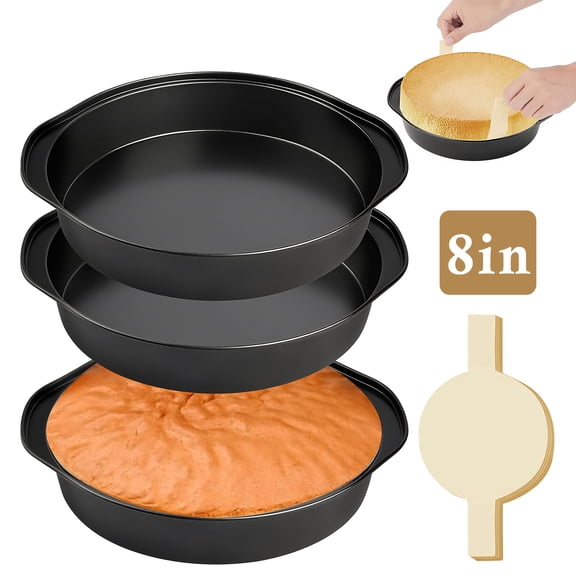 Godance 8-Inch Round Cake Pan Set of 3, Nonstick Baking Cake Pans with 100 Pieces Pre-cut Parchment Paper, Carbon Steel Cake Baking Pans with Handle, Circle Cake Pans Sets for Baking, Dishwasher Safe