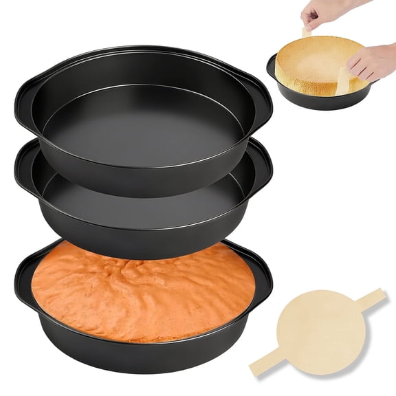 Godance 8-Inch Round Cake Pan Set of 3, Nonstick Baking Cake Pans with 100 Pieces Pre-cut Parchment Paper, Carbon Steel Cake Baking Pans with Handle, Circle Cake Pans Sets for Baking, Dishwasher Safe