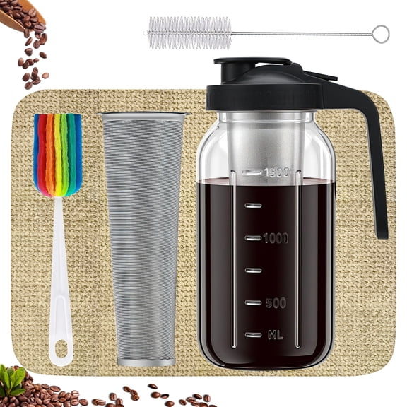 Godance 64OZ Cold Brew Coffee Maker, Cold Brew Pitcher with Stainless Steel Filter & Coffee Mat, Glass Cold Brew Mason Jar with Airtight Lid, Cold Brew Brewer Kit for Iced Coffee, Ice Tea, Lemonade