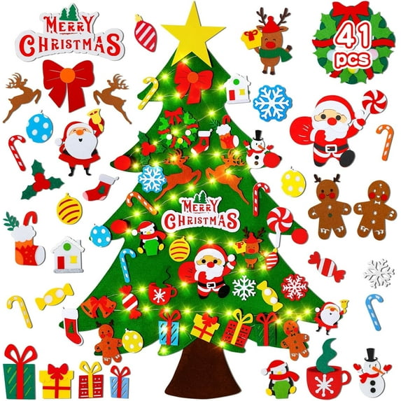Godance Felt Christmas Tree for Toddlers - 3.3ft Felt DIY Tree Set for Kids Wall with Snowflake Lights + 40 Ornaments, Christmas Home Wall Hanging Decorations, Felt Craft Kits for Xmas Party Favors