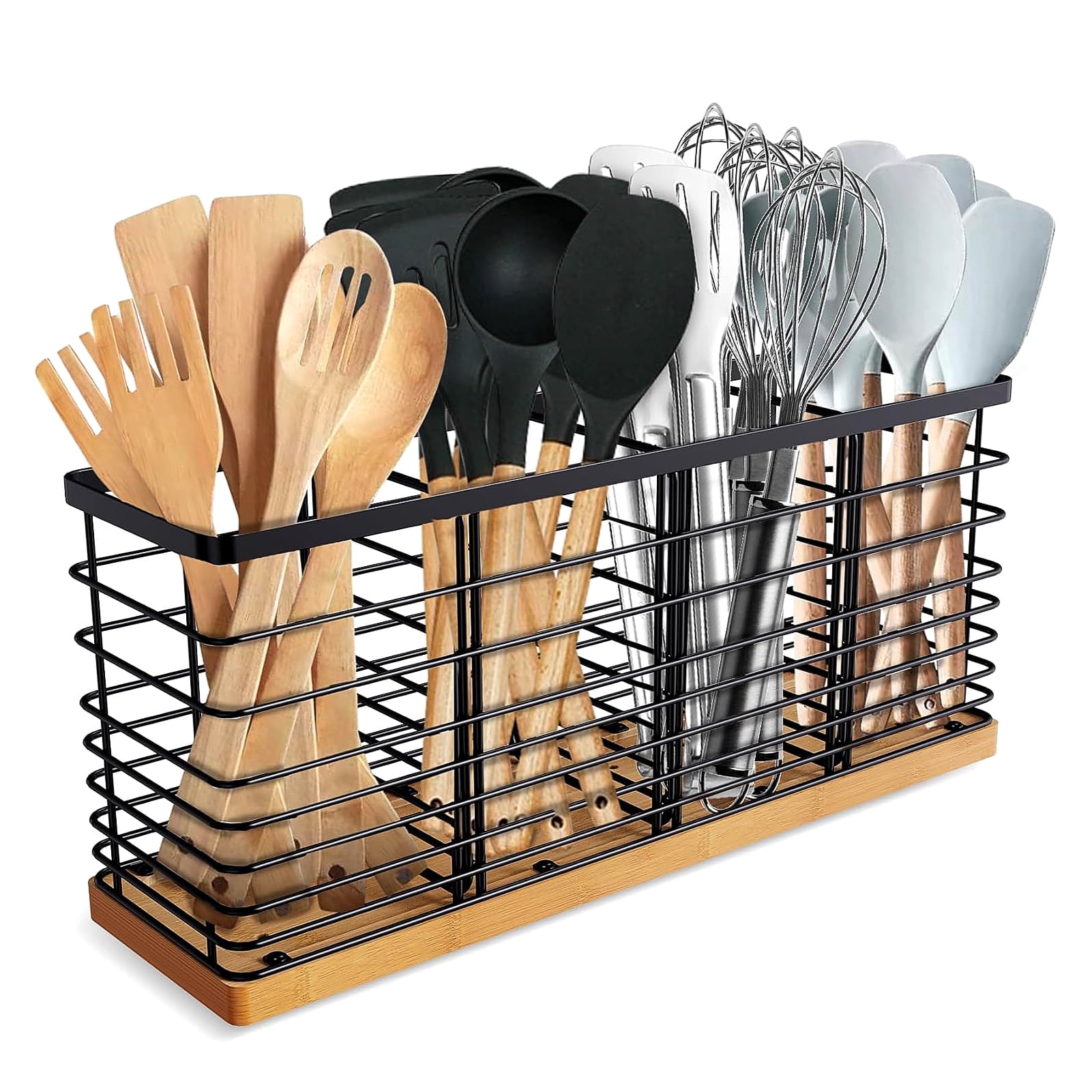Godance Extra Large Kitchen Utensil Holder with 4 Compartments, Matte Black Metal Utensil Holder for Kitchen Countertop, Farmhouse Cooking Utensil Storage for Spoons, Spatulas & Ladles